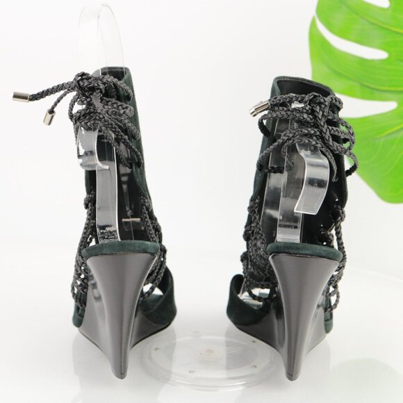 SCHUTZ Womens Camurca Cabra Sandal Size 8 Black Suede Wedge Heel Ankle Wrap Tie - Picture 6 of 11